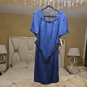 R&M Richards Blue and Black Midi Dress with Ruffled Peter Pan Collar